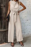 Solid Sleeveless Cut Out Back Belted Jumpsuit