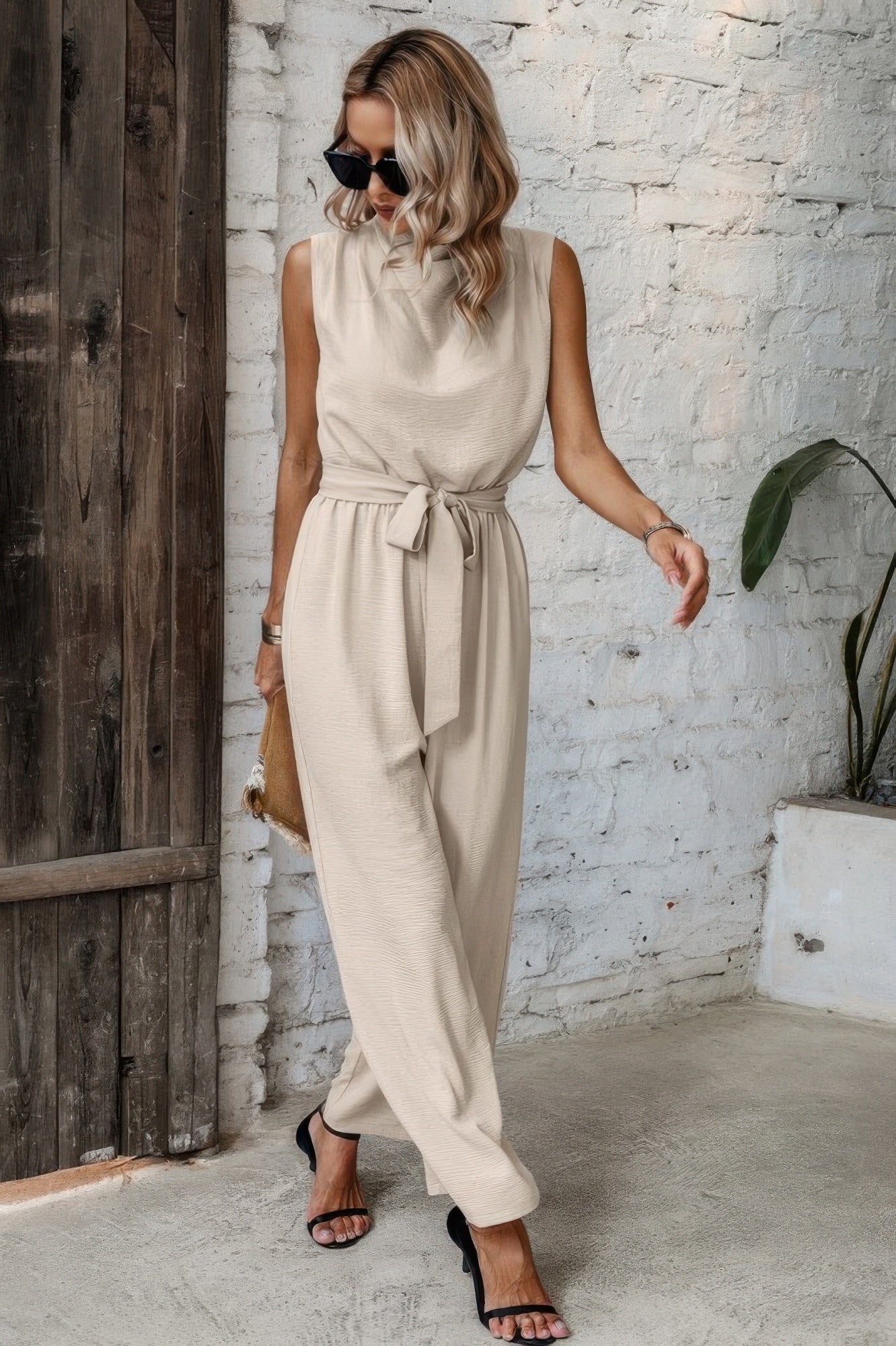 Solid Sleeveless Cut Out Back Belted Jumpsuit