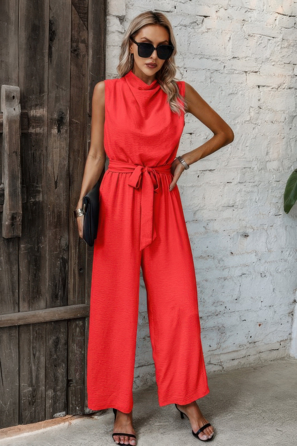 Solid Sleeveless Cut Out Back Belted Jumpsuit