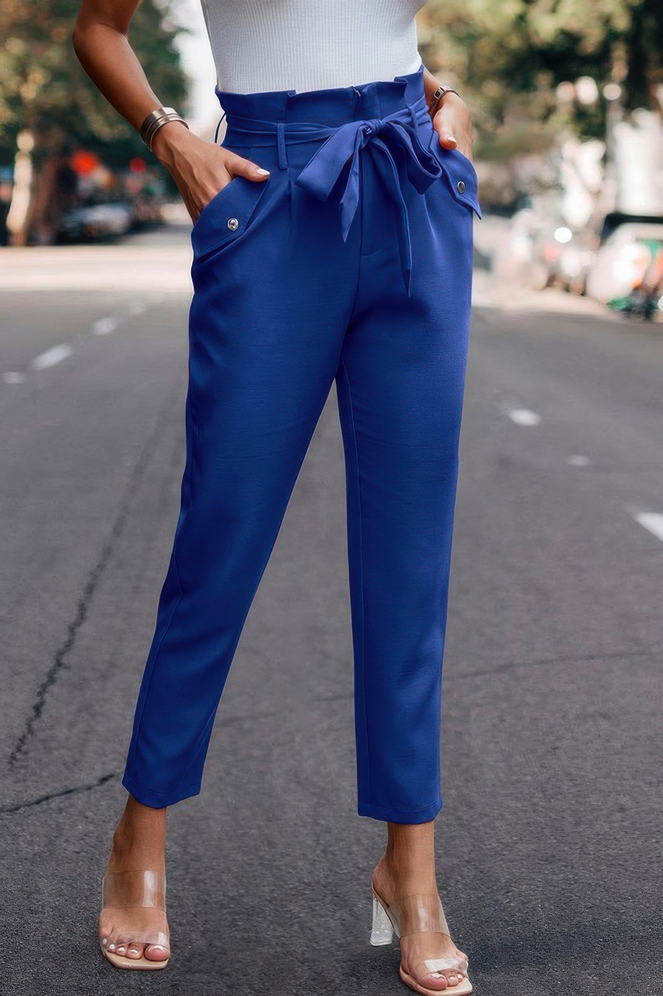 Ruffle Belt Pocket Solid Skinny Pants